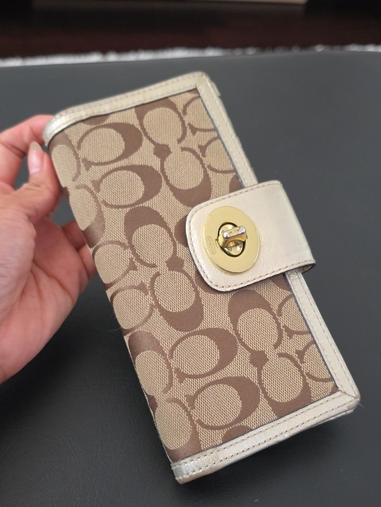 Coach Accessories - Coach Tan Signature Canvas Wallet with Cream Trim and Gold Turnlock